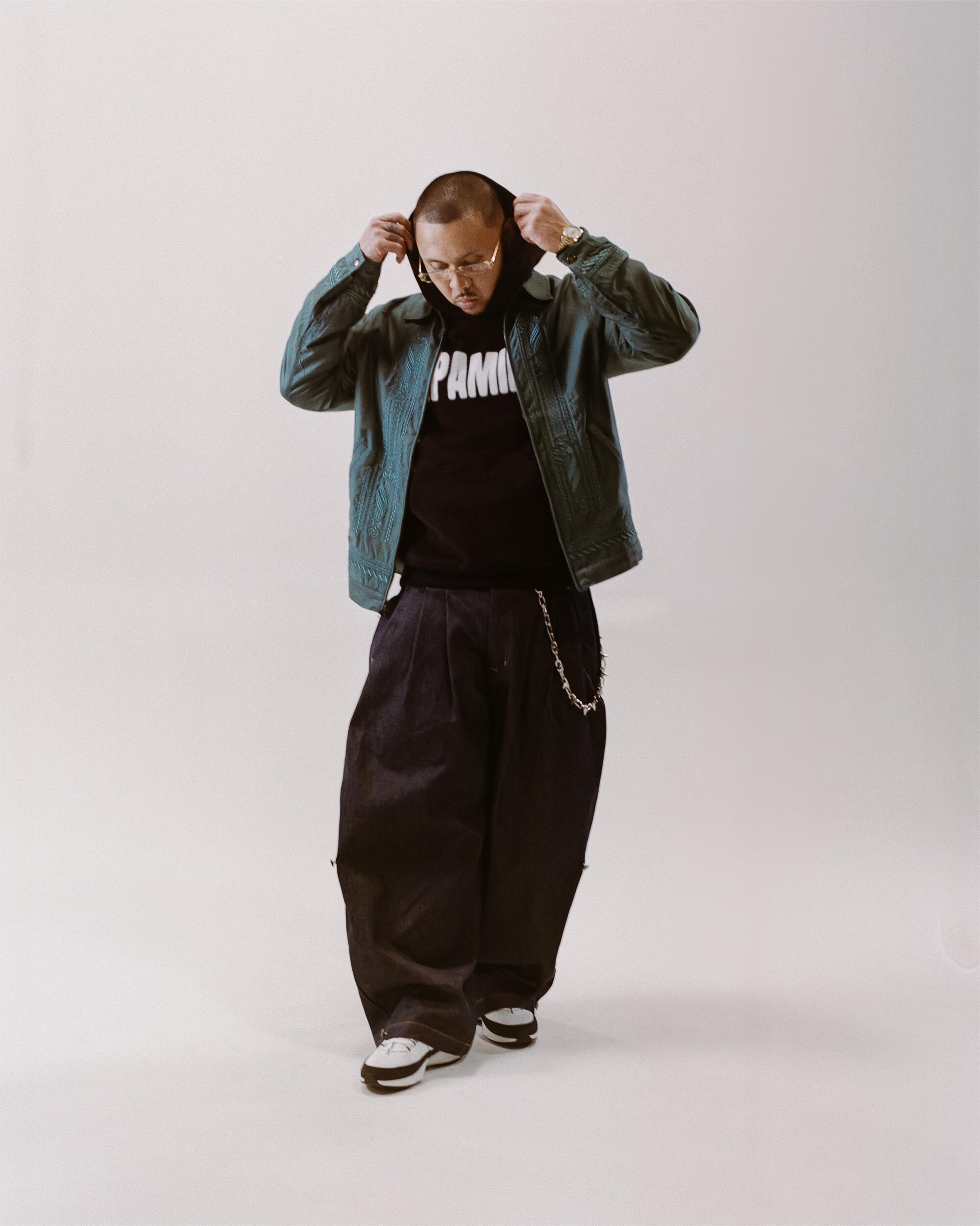 P-Lo wears Ballads Diamond enactment jacket, FAMILY by Coen Clemente Kapamilya hoodie, Art Community Triptych Japanese Denim