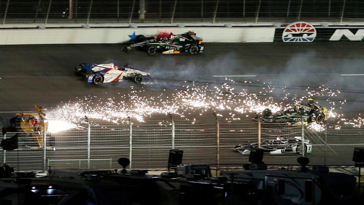 IndyCar drivers were involved in a nine-car crash at Texas Motor Speedway on Saturday night.