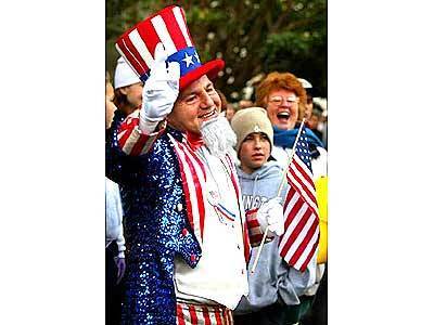 John Cappello came with his family from New York City to play an up-beat Uncle Sam for the happy parade-goers in Pasadena.