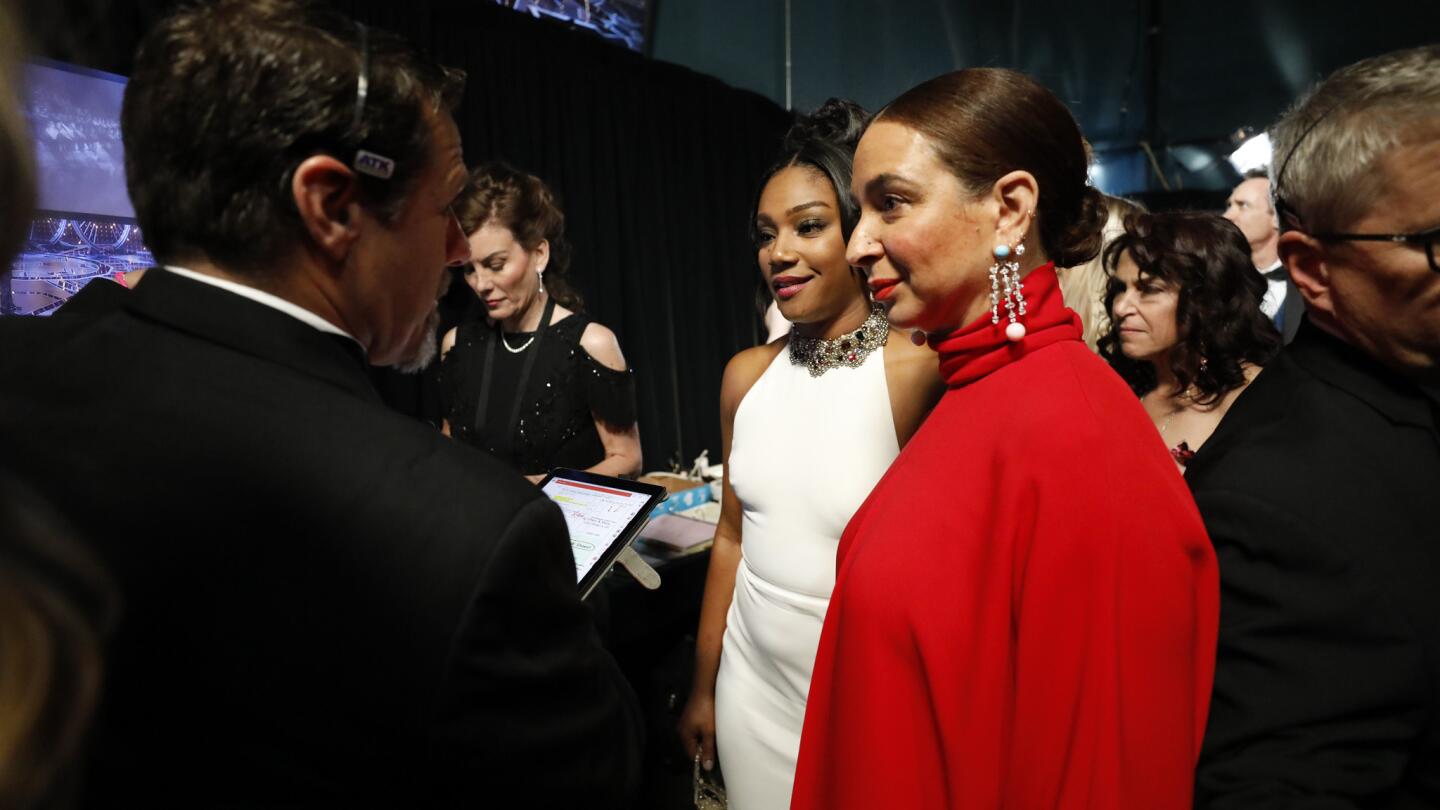Tiffany Haddish and Maya Rudolph backstage at the 90th Academy Awards on Sunday at the Dolby Theatre.