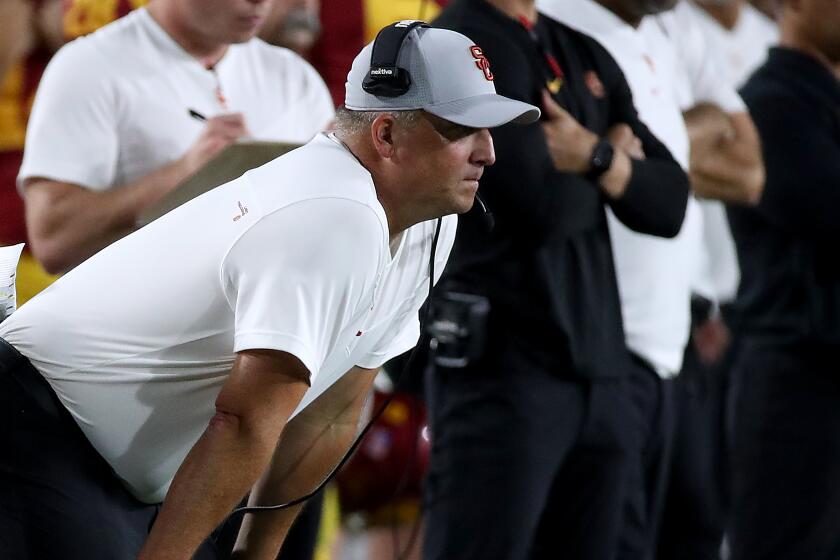LOS ANGELES, CALIF. - SEP 11, 2021. USC head coach Clay Helton on the sideline during a game against Stanford.