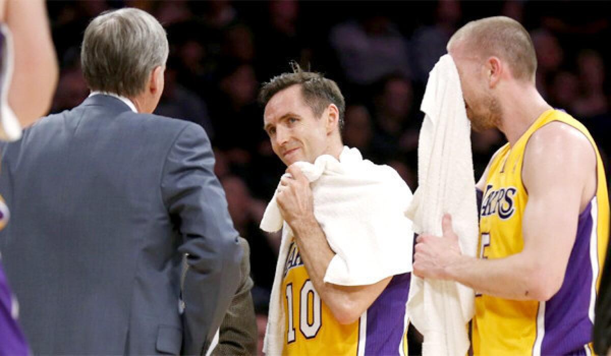 Steve Nash did not return for the second half of Tuesday's loss to the Utah Jazz, 96-79, because of discomfort in his leg and back.