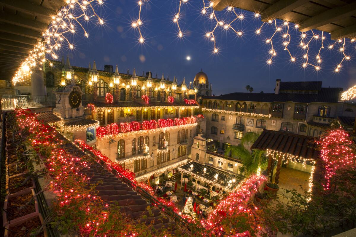 A view into the hotel courtyard during the Festival of Lights on the grounds of the Mission Inn Hotel & Spa in Riverside.
