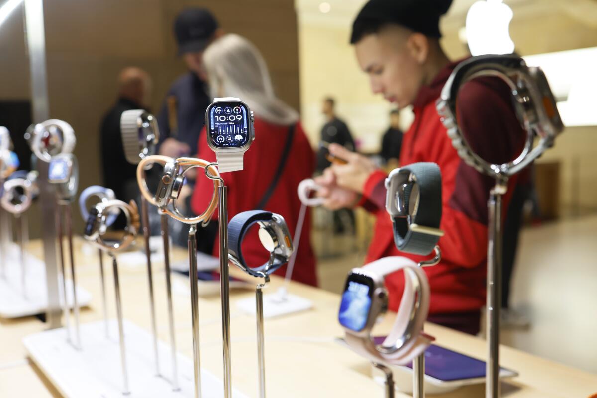 Apple watches are seen on display 