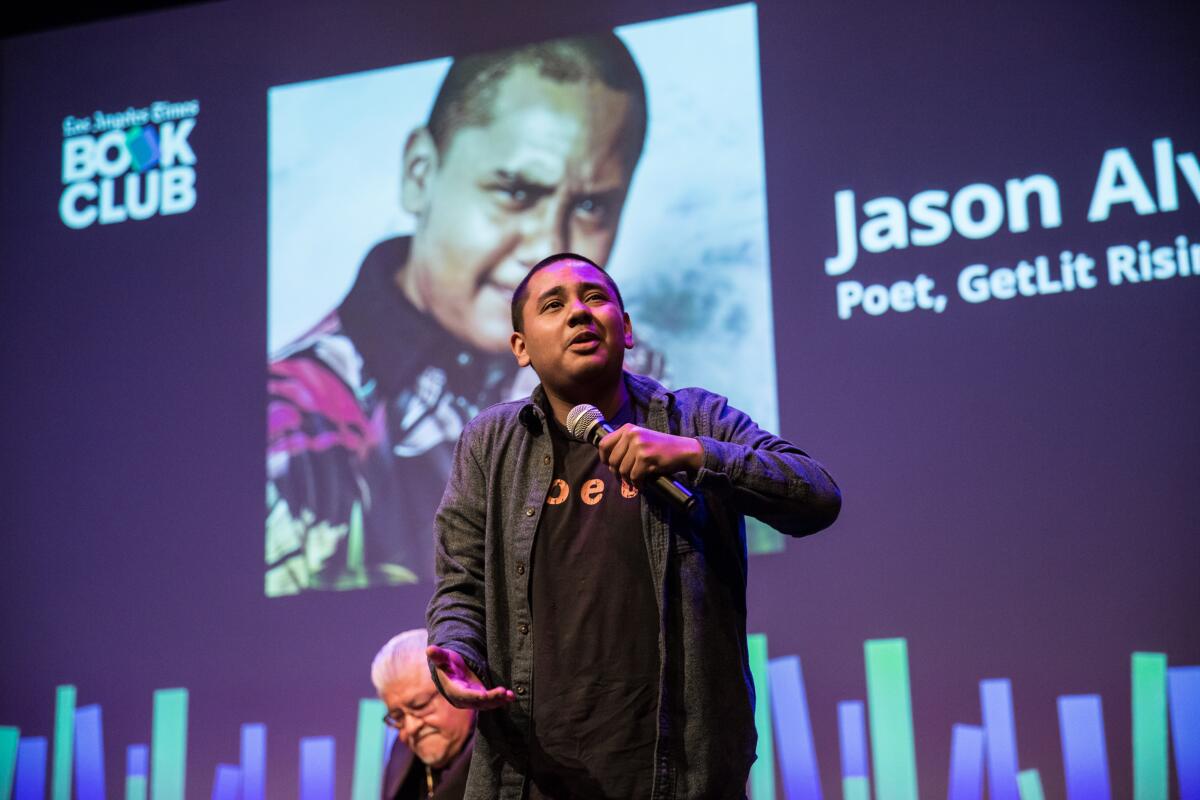 The book club evening included a performance by 18-year-old Jason Alvarez of Get Lit, a group of young spoken-word poets.