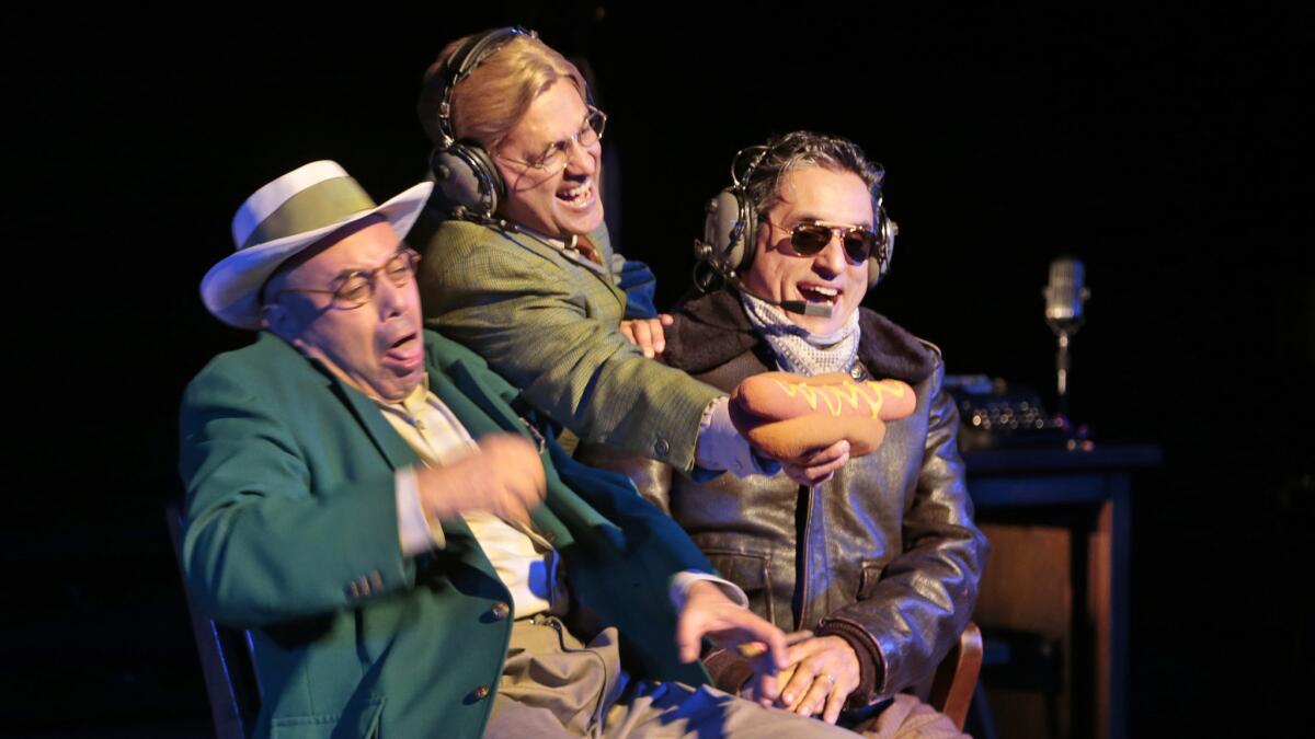 The members of Culture Clash -- Herbert Siguenza, left, Ric Salinas and Richard Montoya -- in "Chavez Ravine" at the Kirk Douglas Theatre in Culver City.