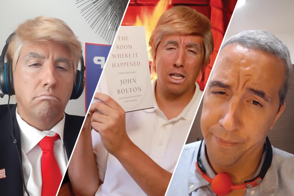 Three photos show J-L Cauvin impersonating President Trump and Vice President Mike Pence.