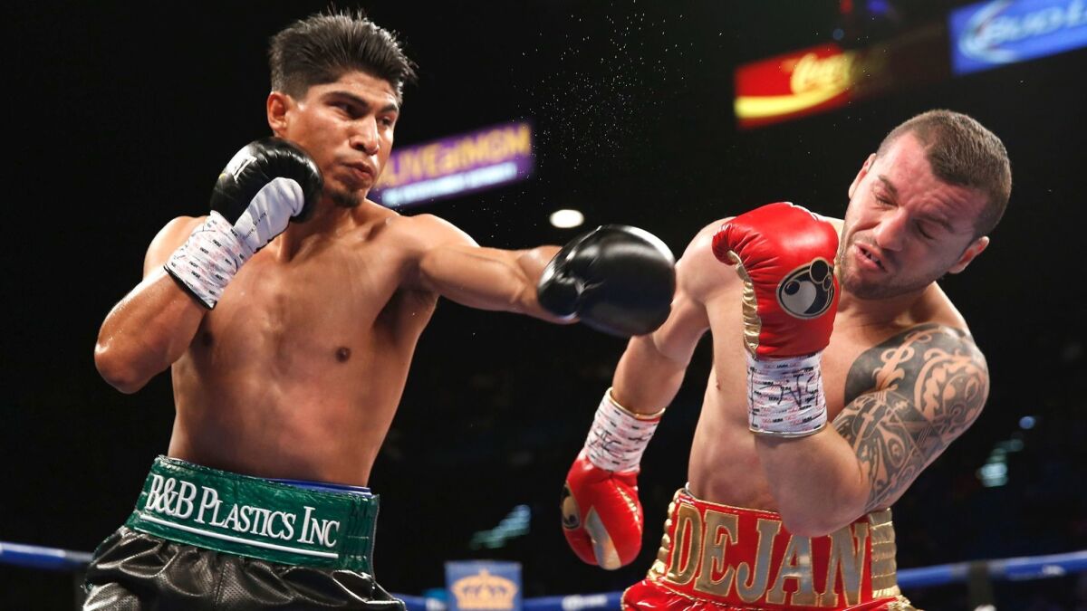 Mikey Garcia, left, connects on Dejan Zlaticanin during their WBC lightweight title fight on Jan. 28 in Las Vegas.