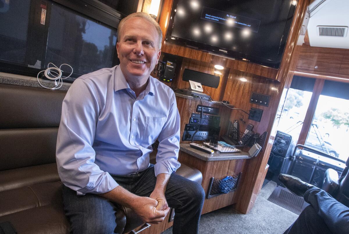 Former San Diego Mayor Kevin Faulconer is interviewed during a campaign stop in Whittier.