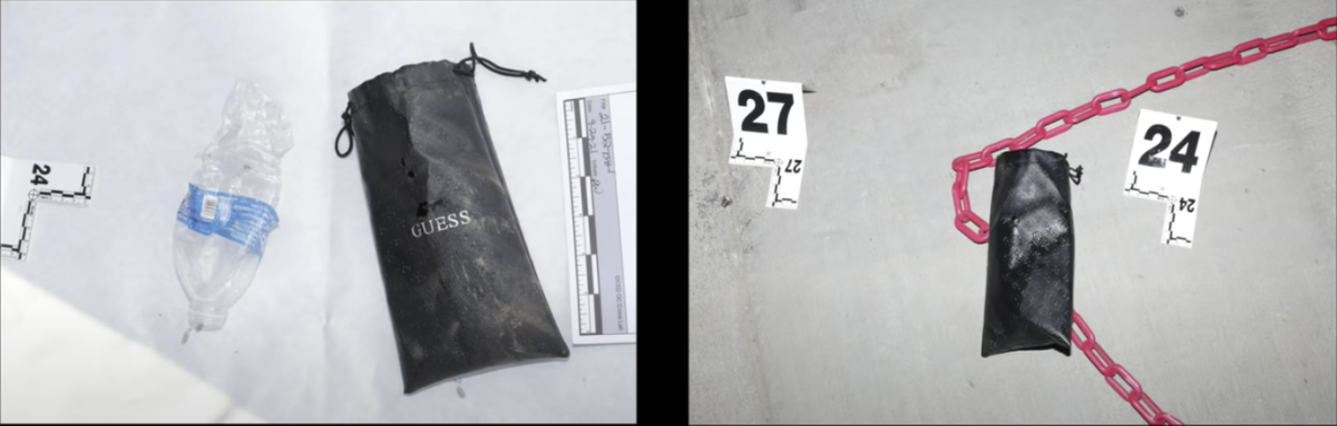A crumpled plastic water bottle and a small black Guess bag are among items marked as evidence.