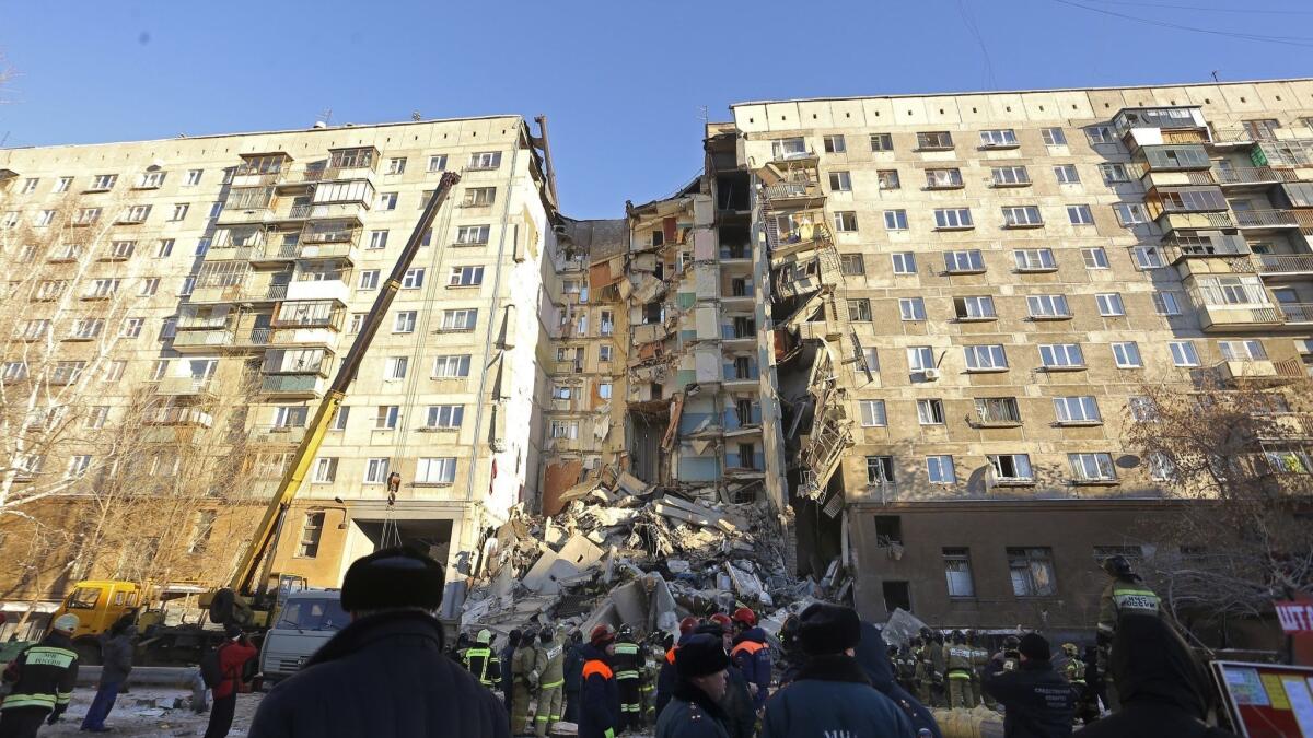 The scene of a collapsed apartment building in Magnitogorsk, Russia.