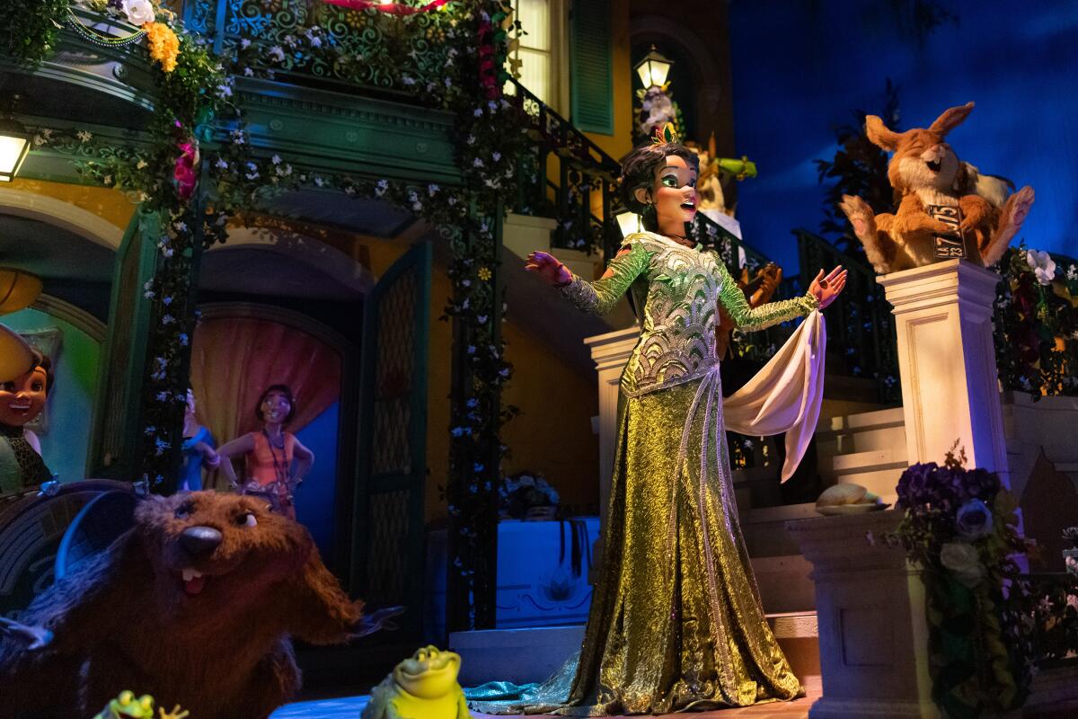Princess Tiana is joined by a band of critters as she sings a song on Tiana's Bayou Adventure.