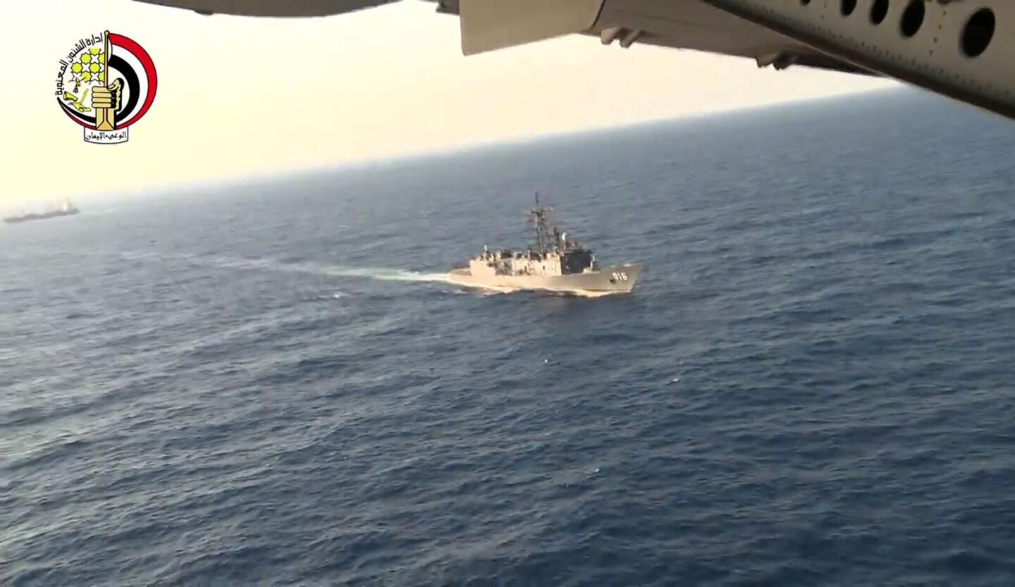 In an image from an Egyptian Defense Ministry video, the Egyptian military searches the Mediterranean for wreckage of the plane that crashed Thursday.