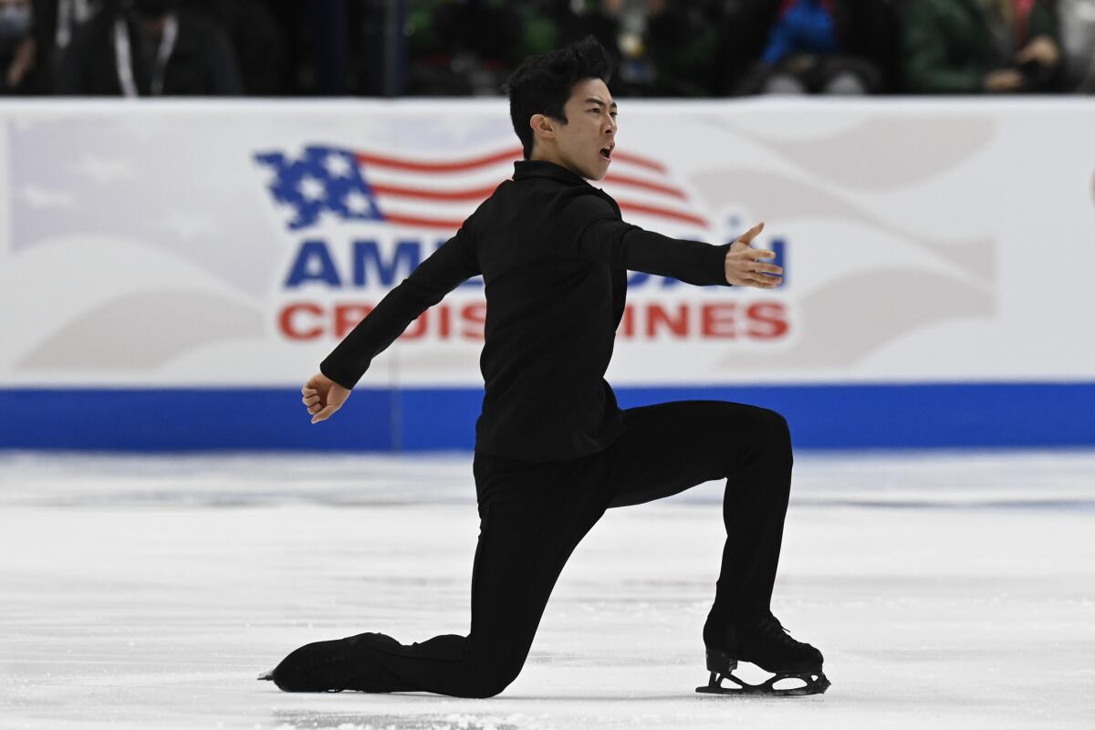 Five-time national champion Nathan Chen competes in the men's short program Saturday.