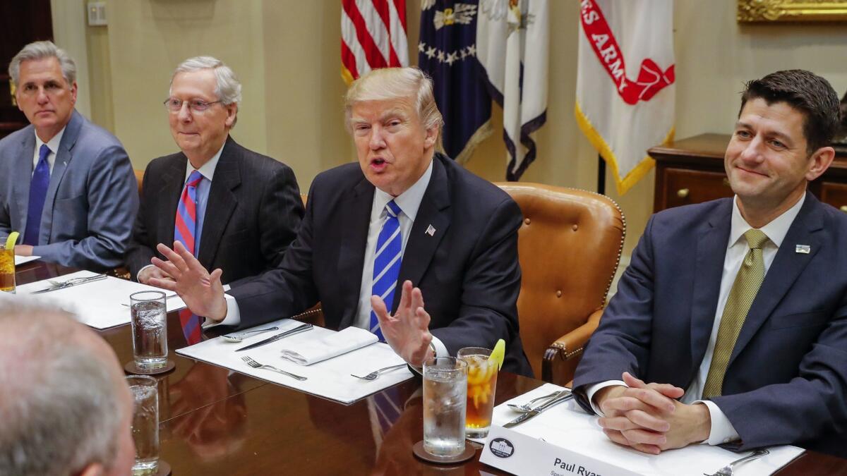 President Trump and GOP leaders get ready to chow down at the White House on March 1. Menu: undetermined. From left: House Majority Leader Kevin McCarthy (R-Bakersfield); Senate Majority Leader Mitch McConnell (R-Ky.); Trump; House Speaker Paul D. Ryan (R-Wis.). (Erik S. Lesser / EPA)