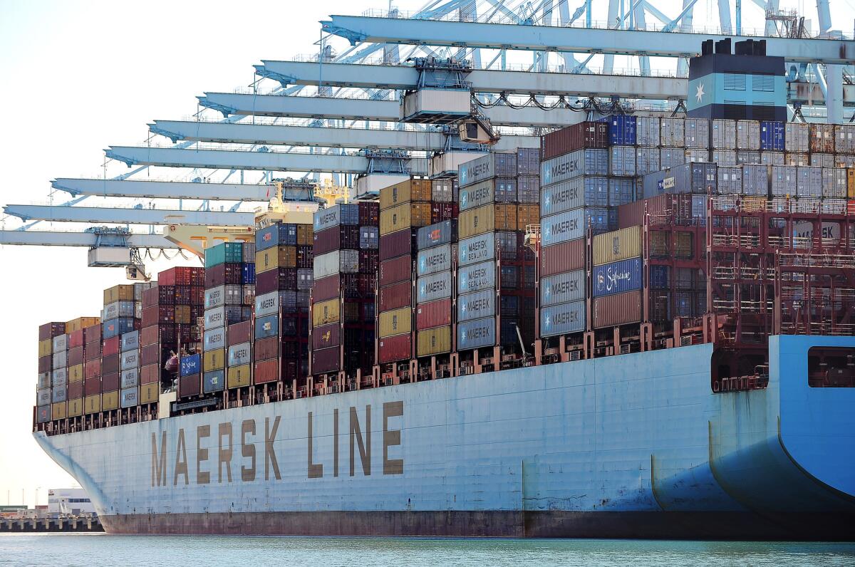 The Maersk Edmonton container ship delivers cargo at the Port of Los Angeles in April.