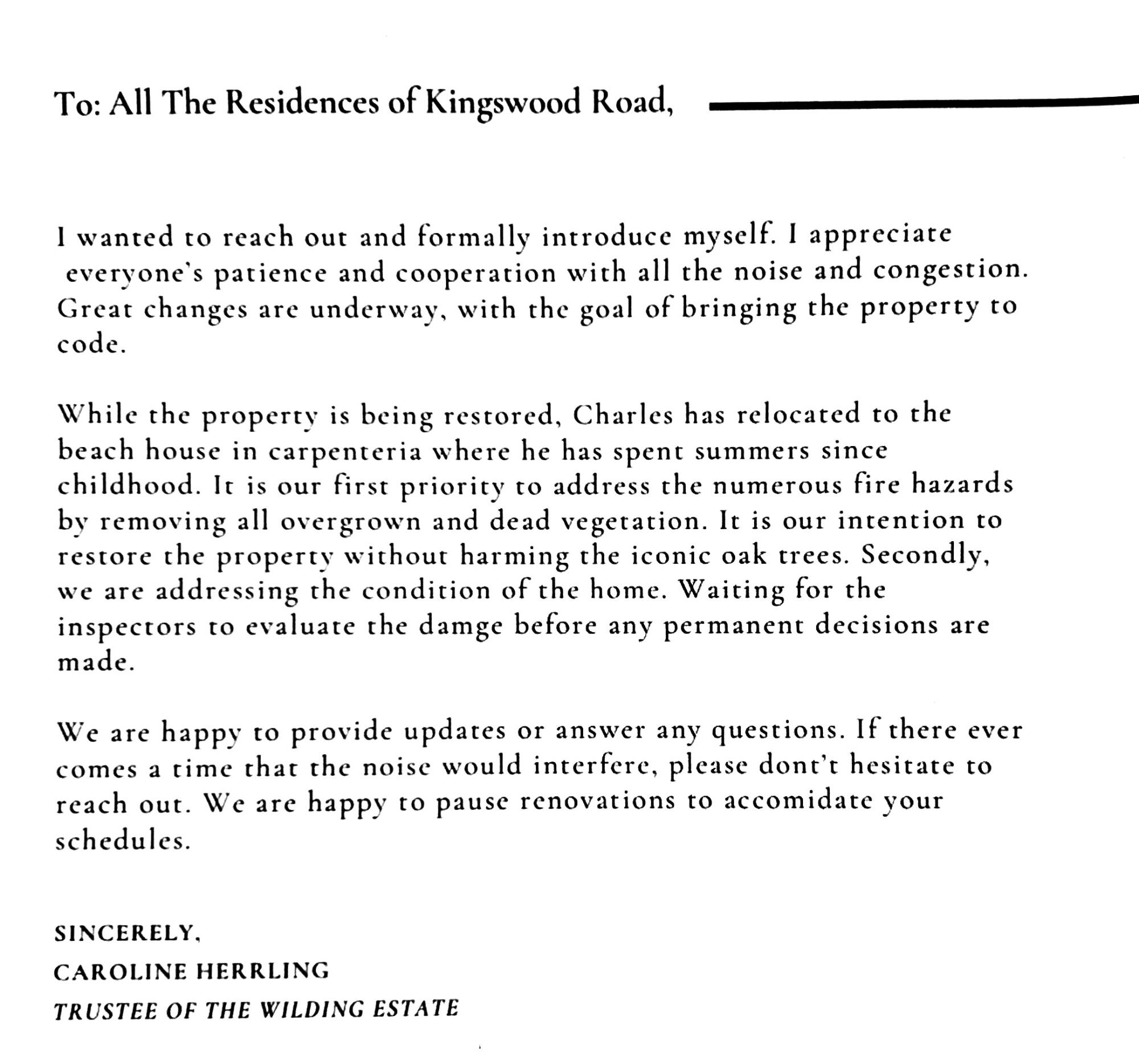 Text of a letter to neighbors from Caroline Herrling.