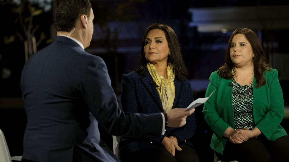 PresenterJosé Díaz-Balar, lawyer Alma Rosa Nieto, center and CHIRLA Executive Director Angélica Salas on the Telemundo set at East Los Angeles College for the "Know Your Rights" broadcast.