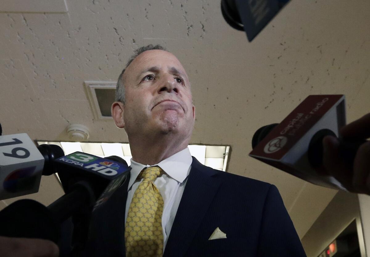 Darrell Steinberg, the California Senate's president pro tem, on Tuesday as he met with reporters after the Senate Rules Committee, which he chairs, stripped state Sen. Ron Calderon of committee assignments.