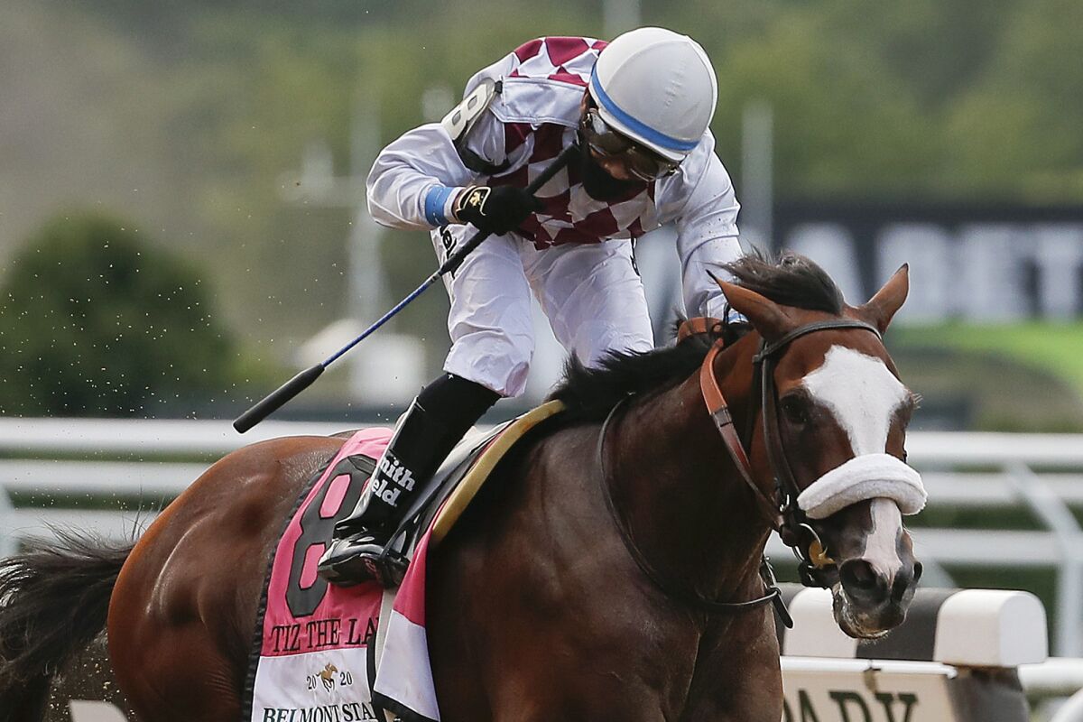 Tiz the Law, with jockey Manny Franco, wins the Belmont Stakes on June 20.