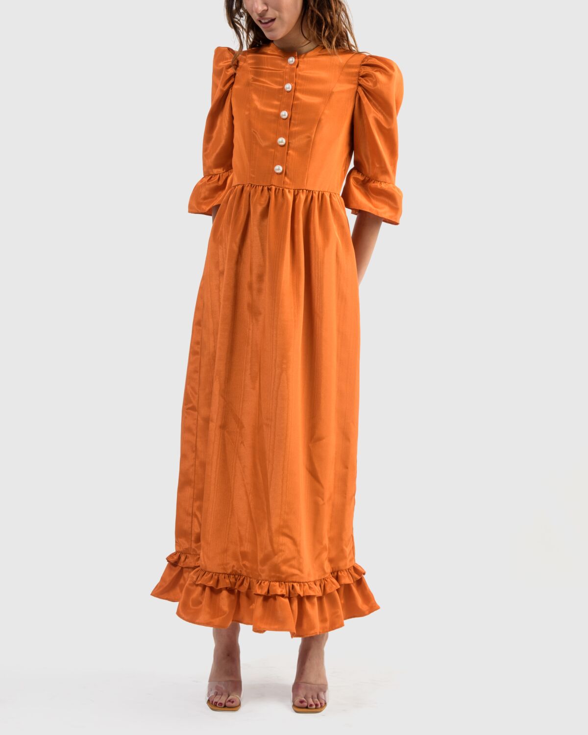 Button-up long prairie dress in orange by Batsheva.