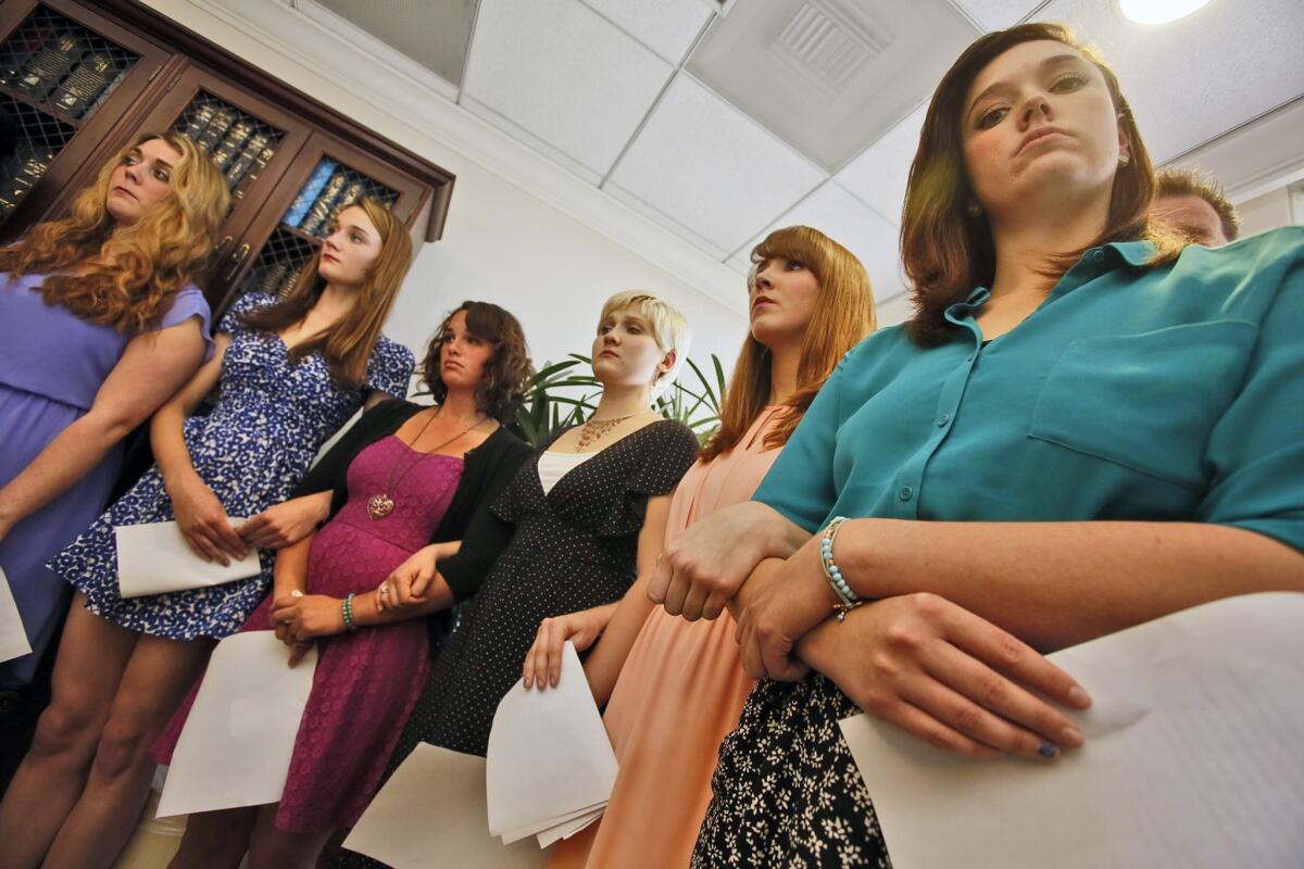 Sexual assault victims attend a news conference with attorney Gloria Allred in April 2013. The women were students at Occidental College.