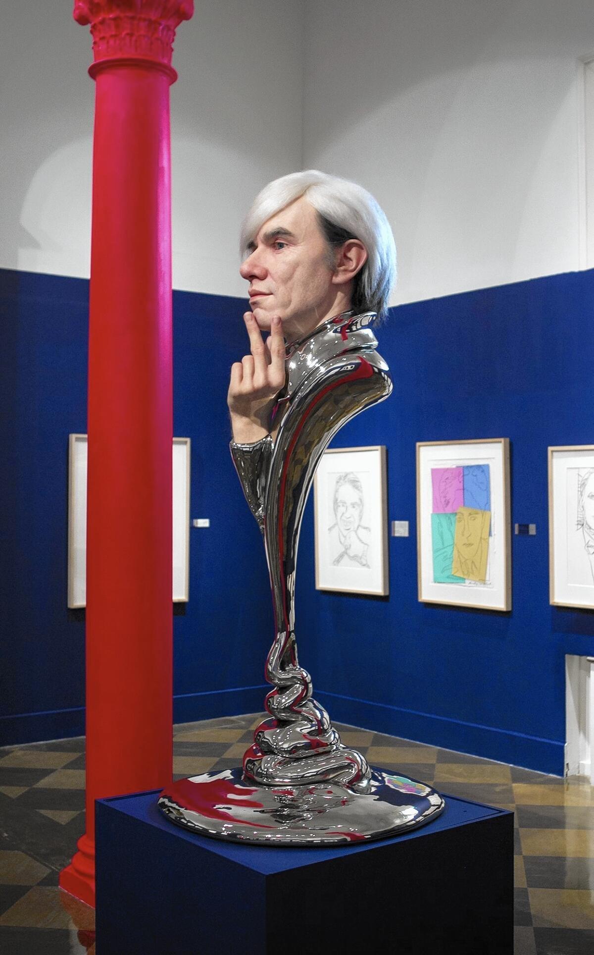 A large bust of Any Warhol at "The Late Drawings of Andy Warhol 1973-1987" at the Fullerton Museum Center.