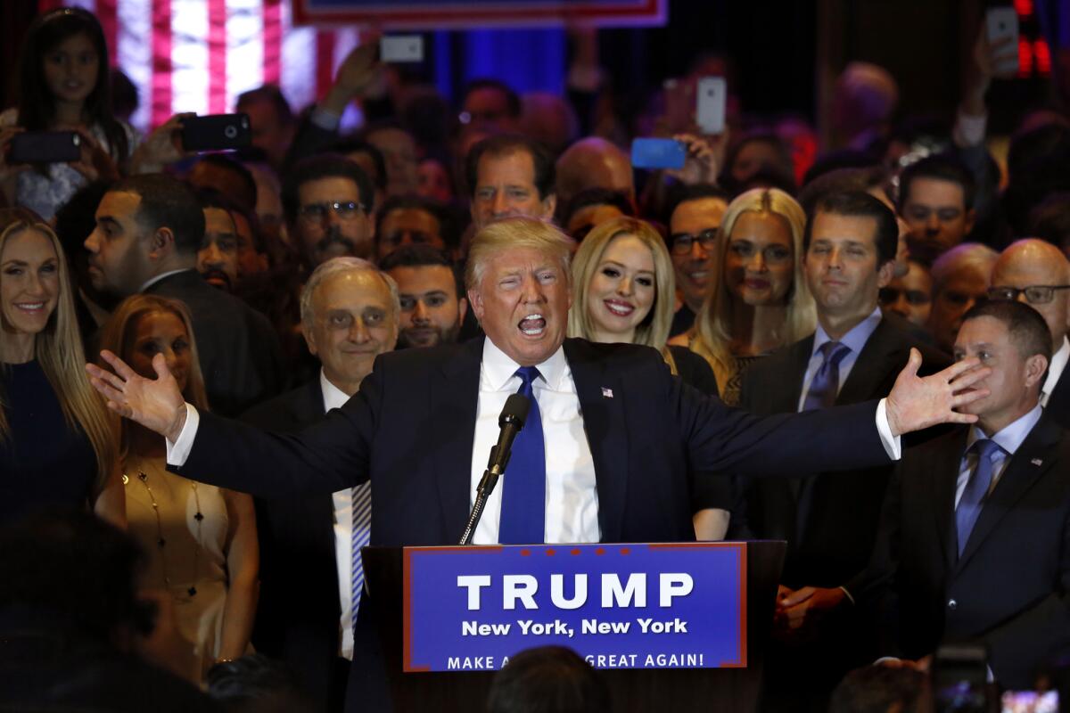 Republican presidential candidate Donald Trump celebrates in New York after his primary win.
