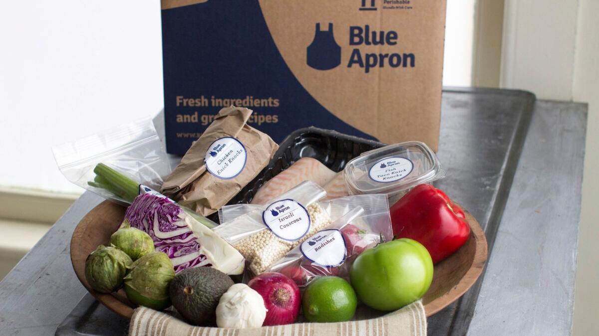 Blue Apron sends boxes to customers’ doorsteps with all the raw ingredients needed to make home-cooked meals.