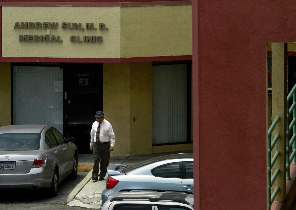 Dr. Andrew Sun's medical clinic in East Los Angeles photographed in 2011. The 79-year-old doctor was sentenced by a federal judge to more than five years in prison for his conviction last year on 14 counts of narcotics distribution.