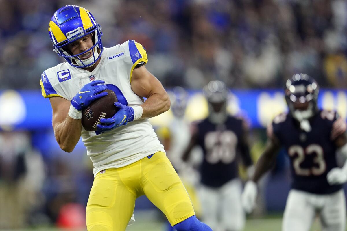 Rams wide receiver Cooper Kupp hauls in a pass on his way to scoring a 56-yard touchdown against the Chicago Bears.