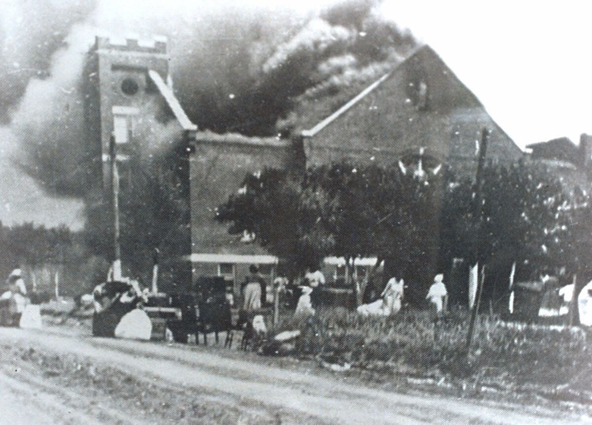 Mount Zion Baptist Church in Tulsa, Okla., burns during the 1921 Tulsa Race Riot. 