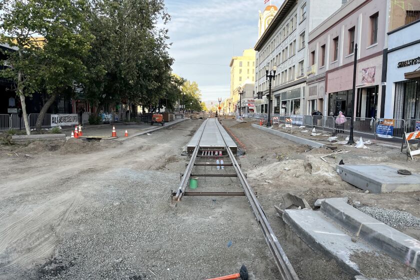 OC Streetcar construction along Fourth Street and Broadway in downtown Santa Ana.