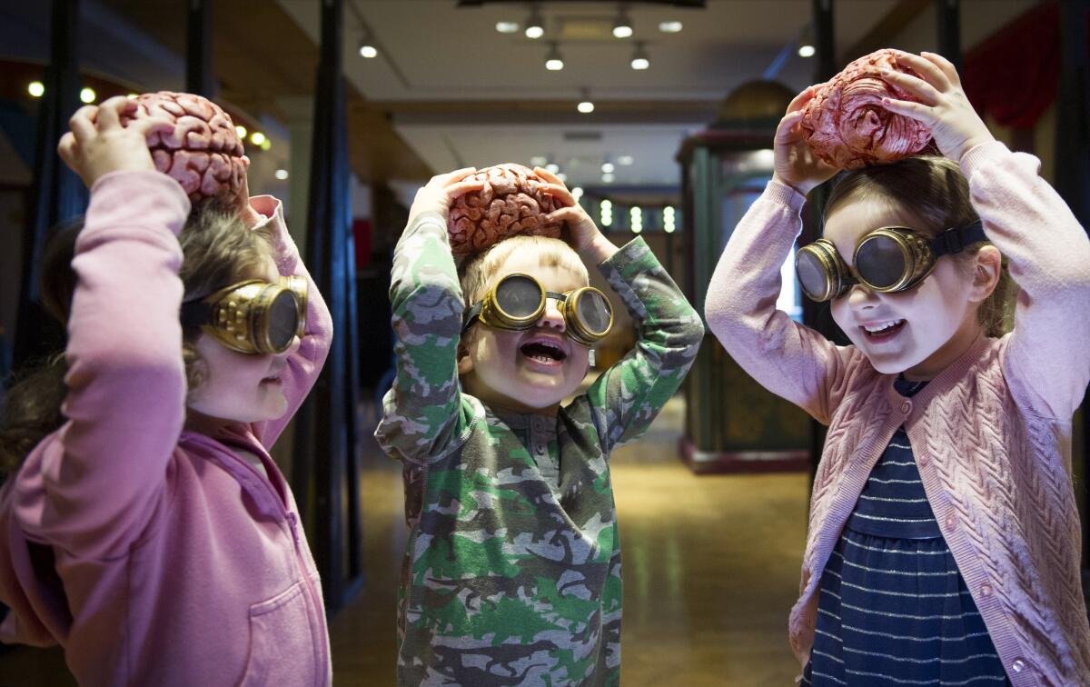 Three children in steampunk goggles hold fake brains above their heads.