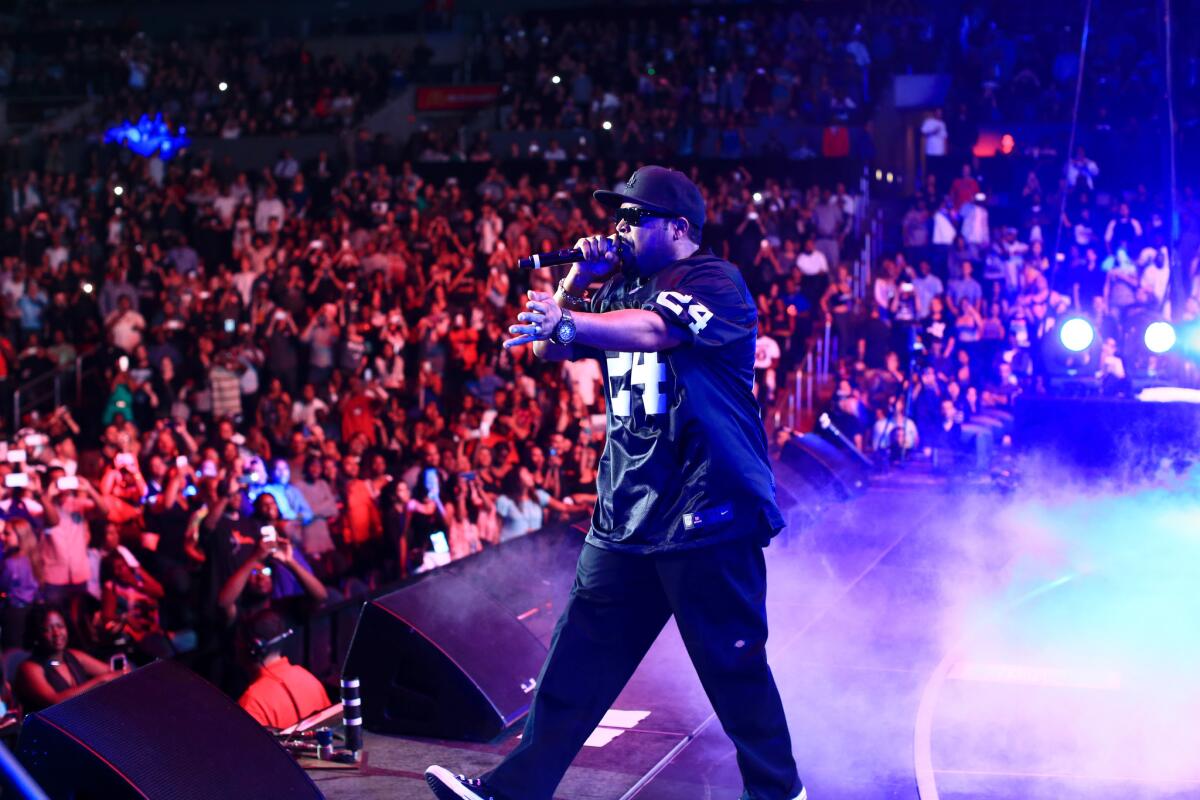 Ice Cube performs onstage during the Ice Cube, Kendrick Lamar, Snoop Dogg, Schoolboy Q, Ab-Soul, Jay Rock concert at Staples Center on Saturday in Los Angeles.