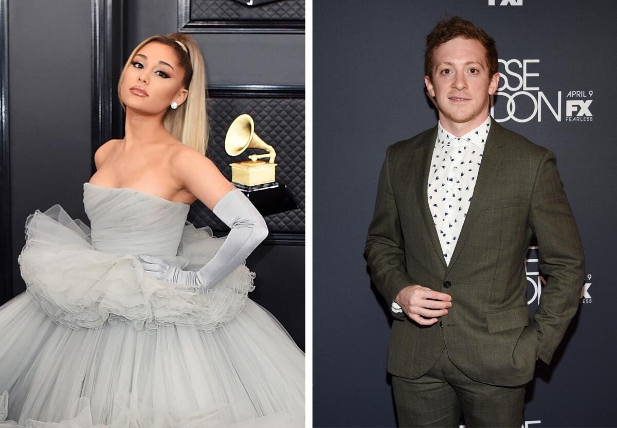 Separate photos of Ariana Grande in a fluffy formal gown and Ethan Slater in a suit with no tie.