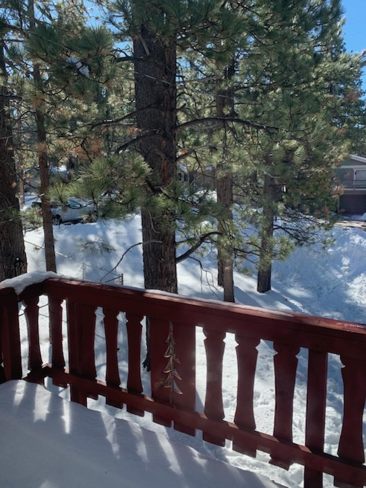 A view of snow from a home in Big Bear.
