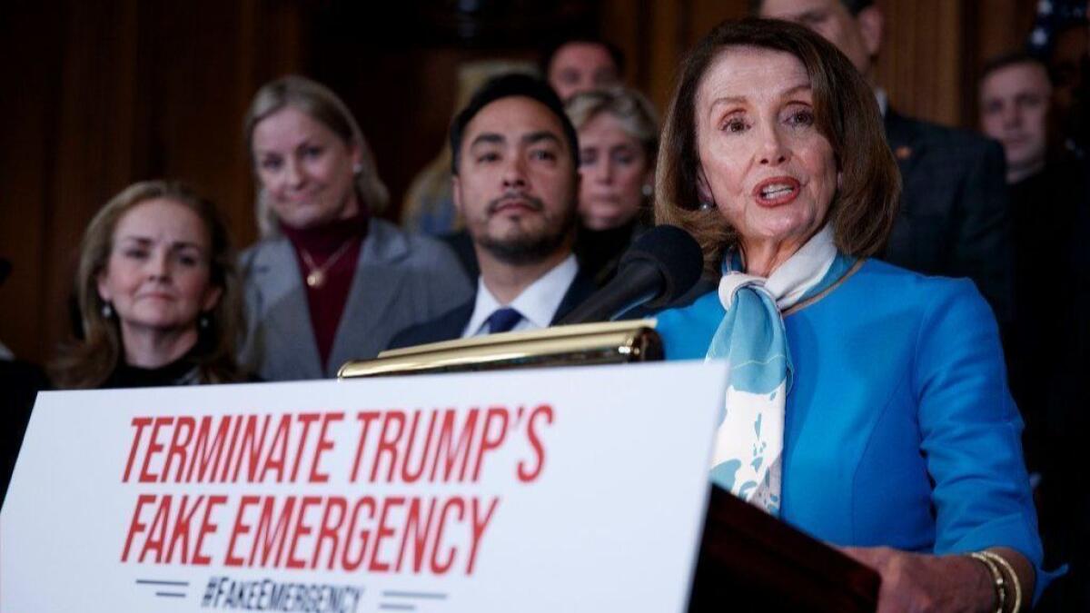 House Speaker Nancy Pelosi (D-San Francisco) delivers remarks at a news conference about a resolution that terminates President Trump's declaration of a national emergency.