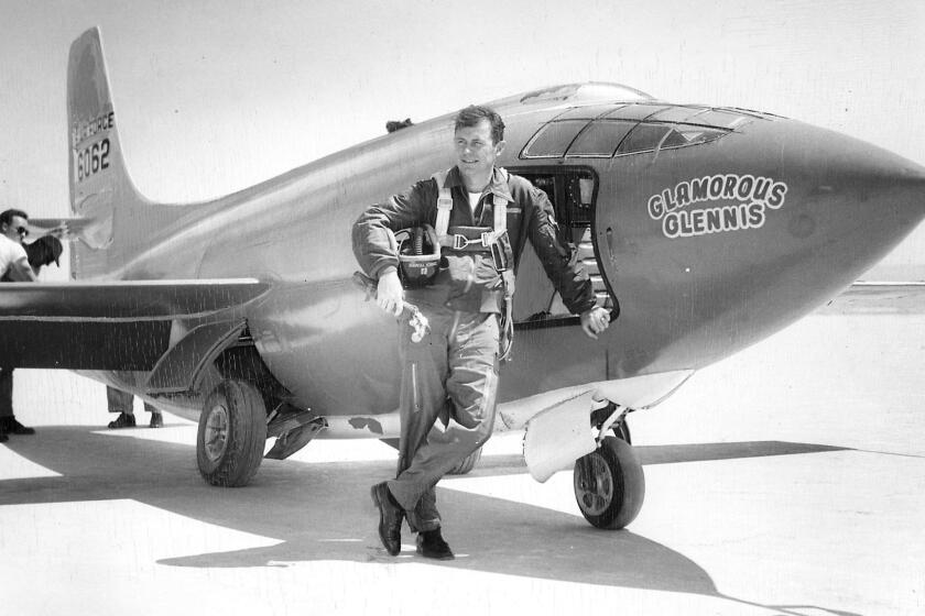 Copy of 1950 File Photo of Chuck Yeager, who first flew the little X1 faster than sound on Oct. 14, 1947, shown just after making this last flight.Photo/Art by: Unknown Photographer
