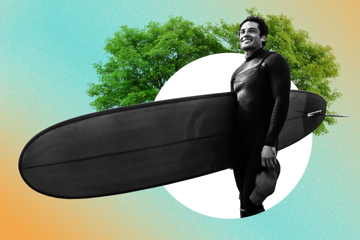 A photo illustration of a man in a wetsuit holding a surfboard in front of some trees