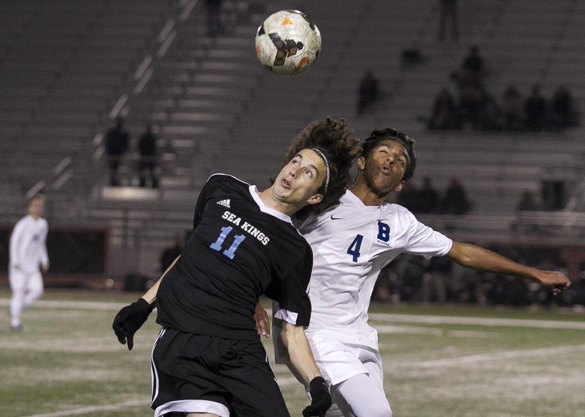 Corona del Mar High’s Jon Wirta goes up for a header against Beckman’s Kabir Sivjee.