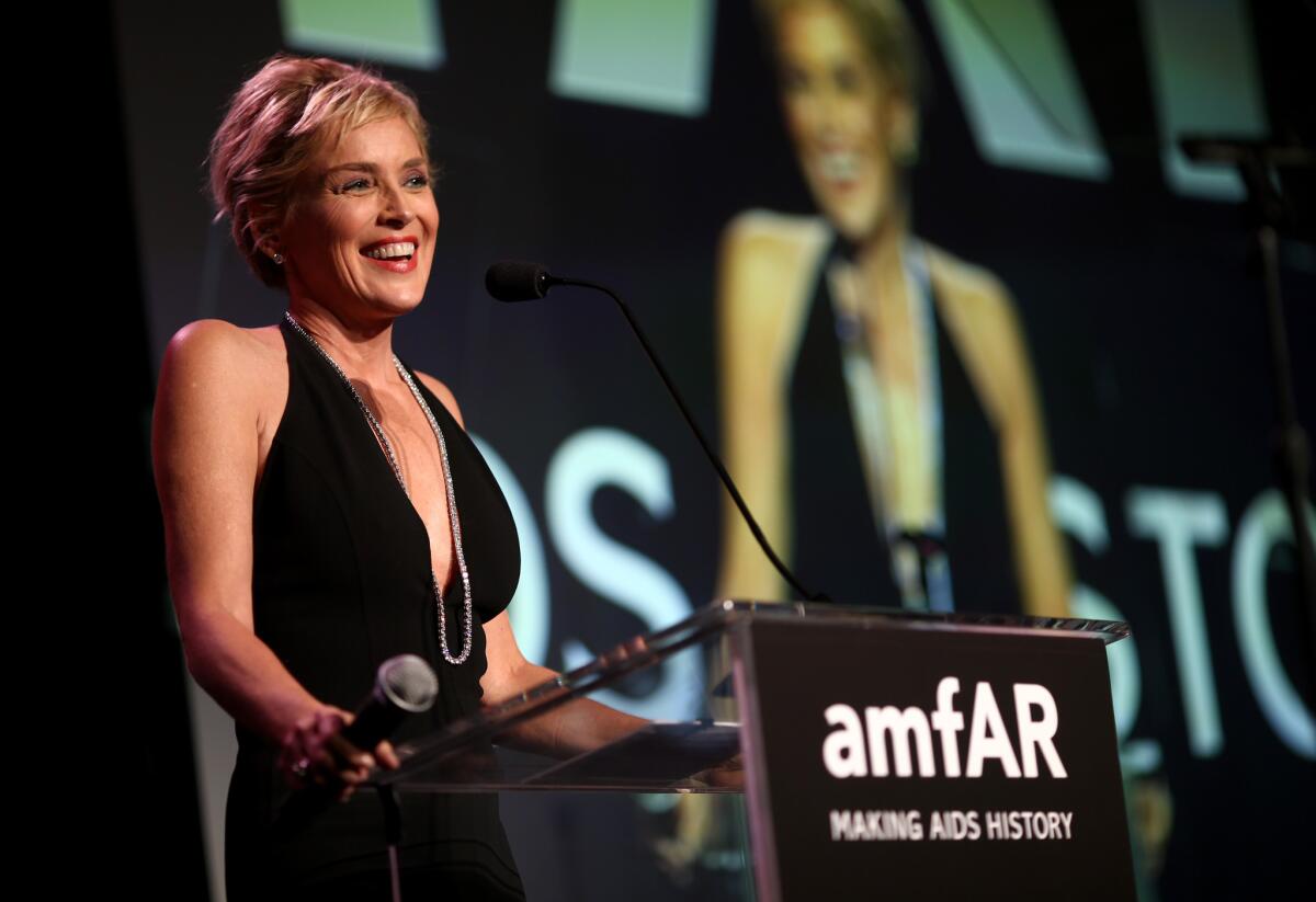 Sharon Stone speaks at amfAR LA Inspiration Gala honoring Tom Ford at Milk Studios. She will star in and executive produce TNT's "Agent X."