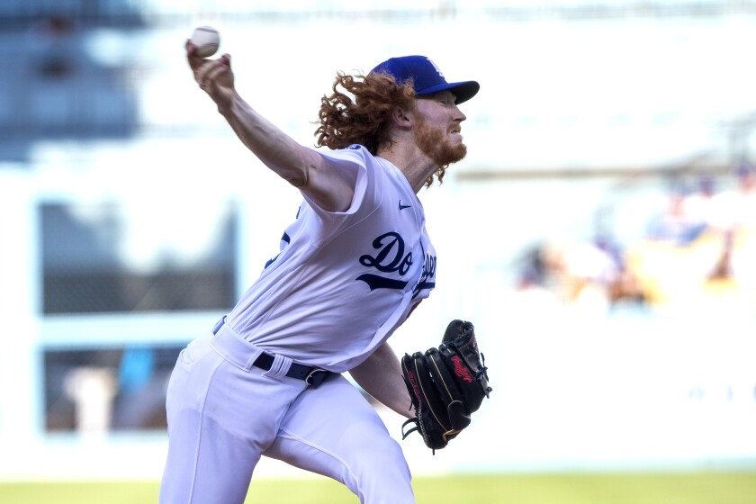 Dodgers starting pitcher Dustin May delivers during the first inning on August 20, 2022.