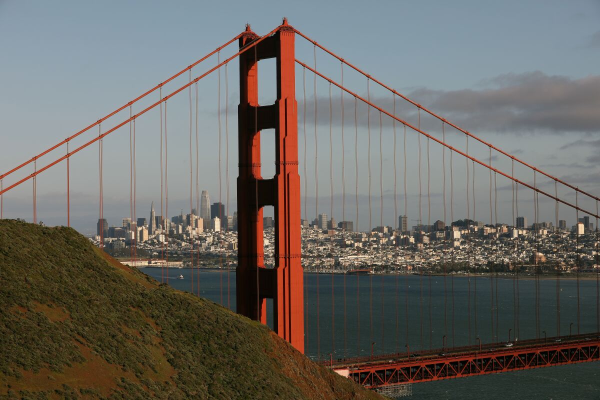 The skyline of downtown San Francisco with the Golden Gate bridge in the foreground.
