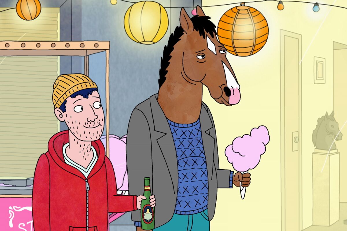A cartoon man standing next to a bipedal horse