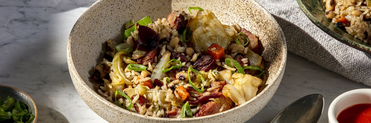 A bowl of black-eyed peas and rice (Hoppin' John) from a recipe by chef Ray Anthony Barrett. 