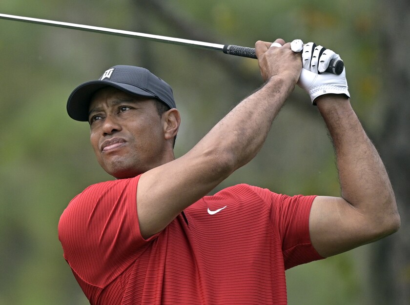 Tiger Woods watches his shot after taking a swing.