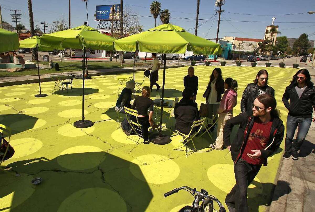Sunset Triangle Plaza, a pocket park in Silver Lake in 2012. The Pasadena Playhouse District Assn. will turn two parking spaces on Colorado Boulevard into "parklets" Friday during PARK(ing) Day.