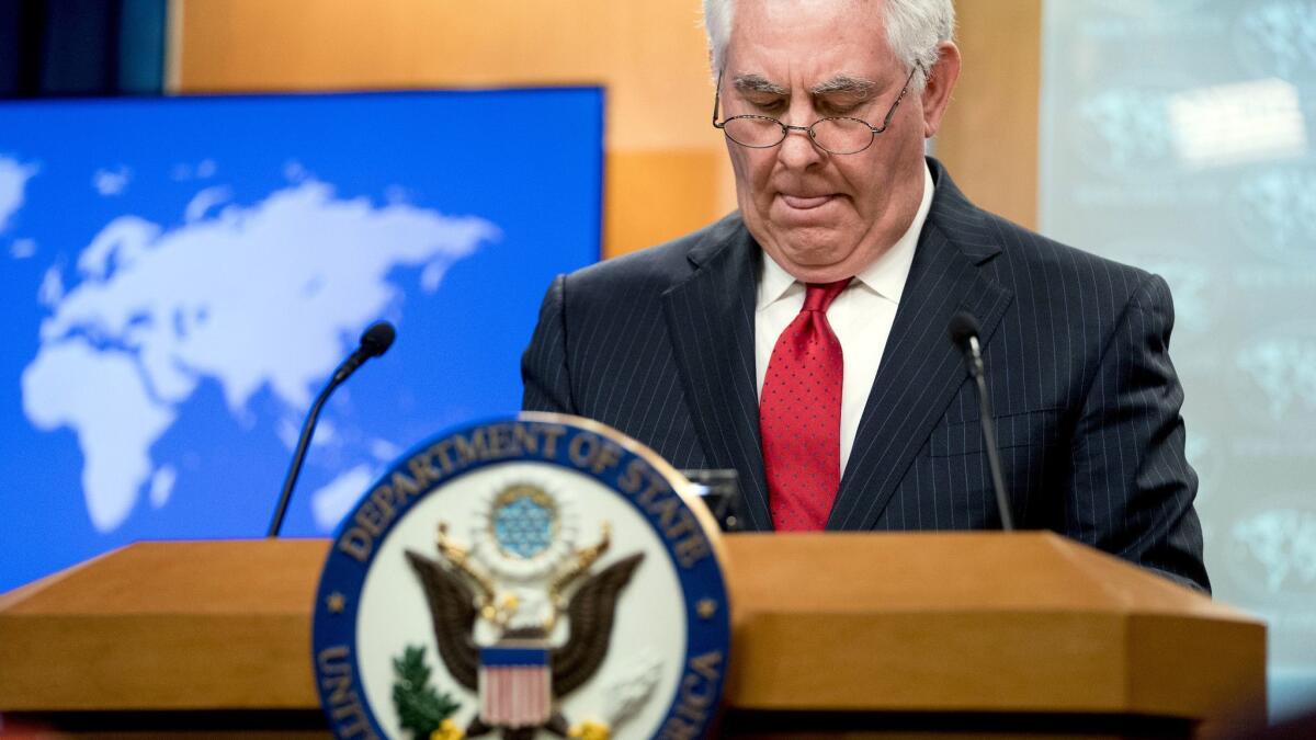 Secretary of State Rex Tillerson, who was fired earlier in the day, speaks at the State Department in Washington on March 13.