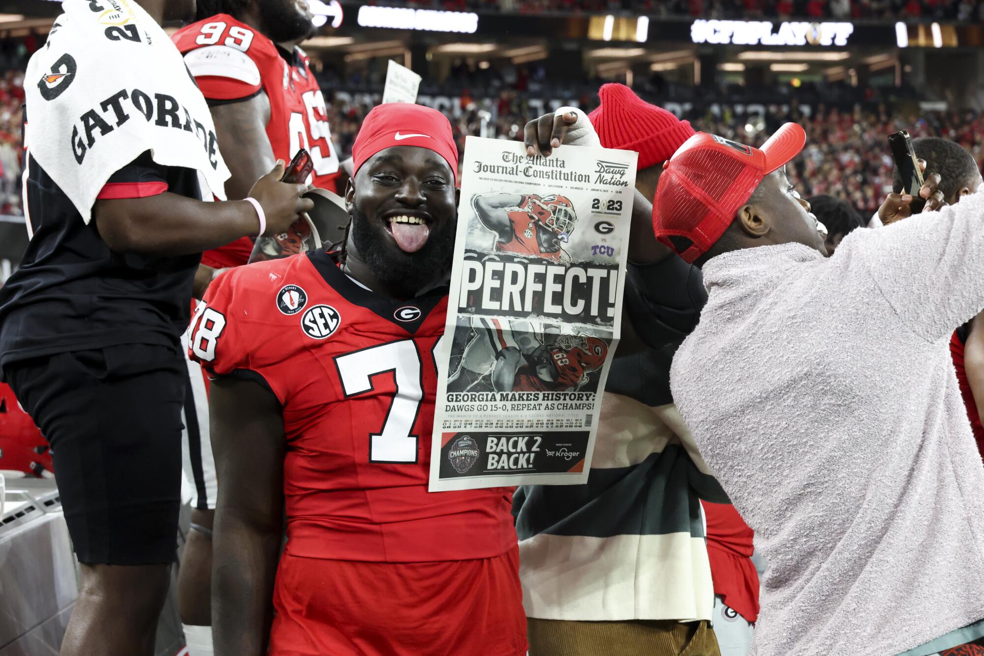 Georgia defensive lineman Nazir Stackhouse celebrates after the Bulldogs' win over TCU on Monday.